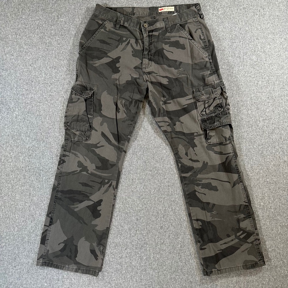 Wrangler Mens Relaxed Straight Cargo Pants Grey Camo Cotton Utility 34x30
